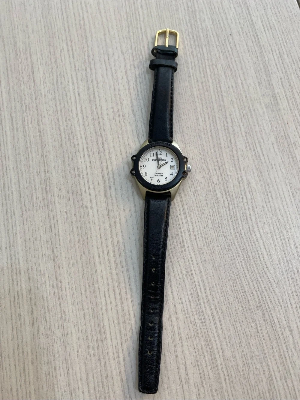 Black Leather-Strap Analog Watch with White Dial
